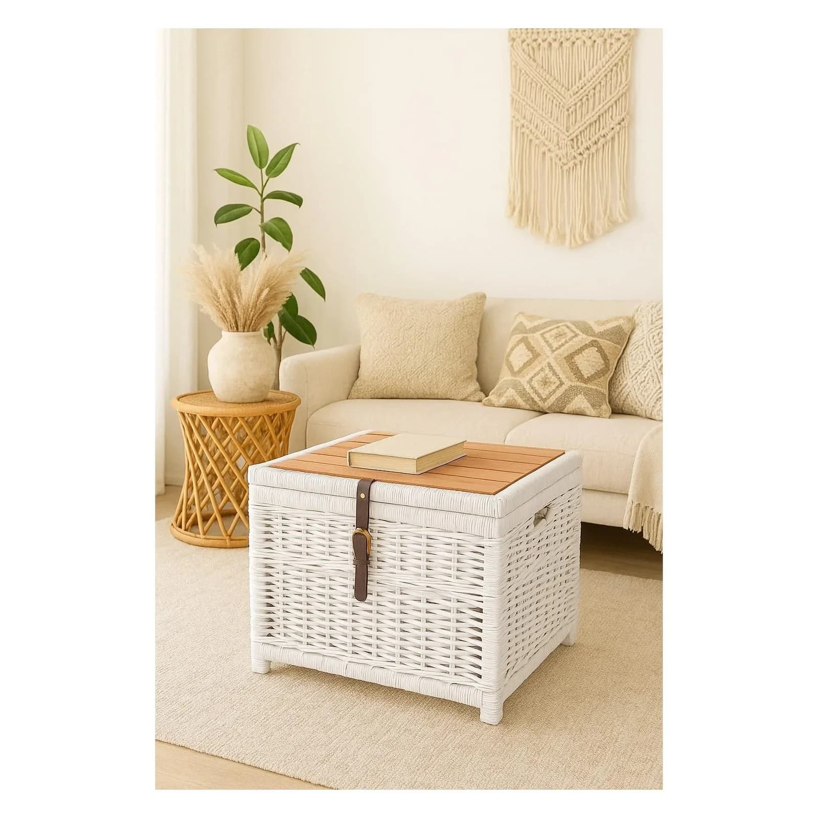Couchtisch Guido mit aufklappbarer Massivholzplatte und Rattan