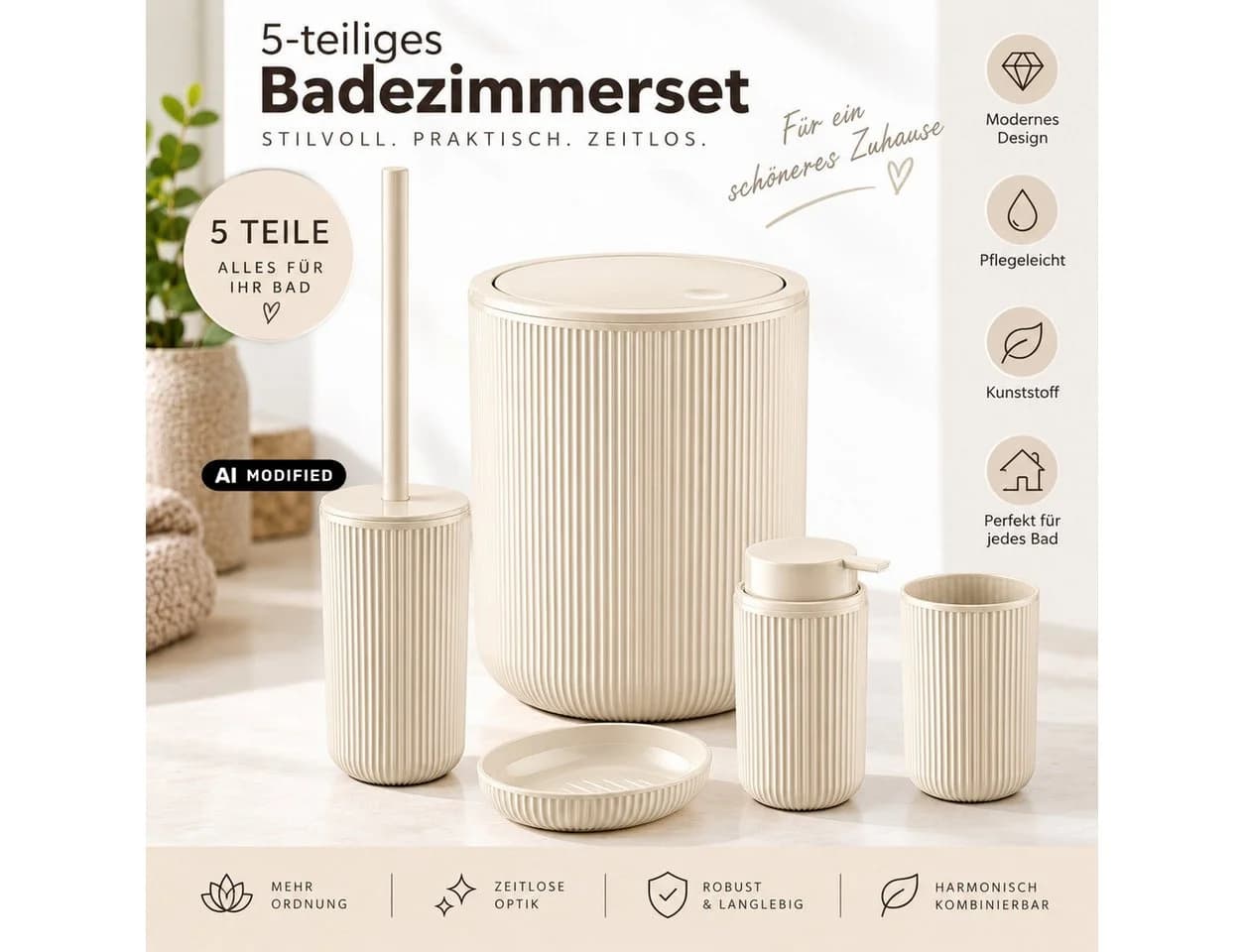 Axentia 5-teiliges Badaccessoire-Set Creme Kunststoff