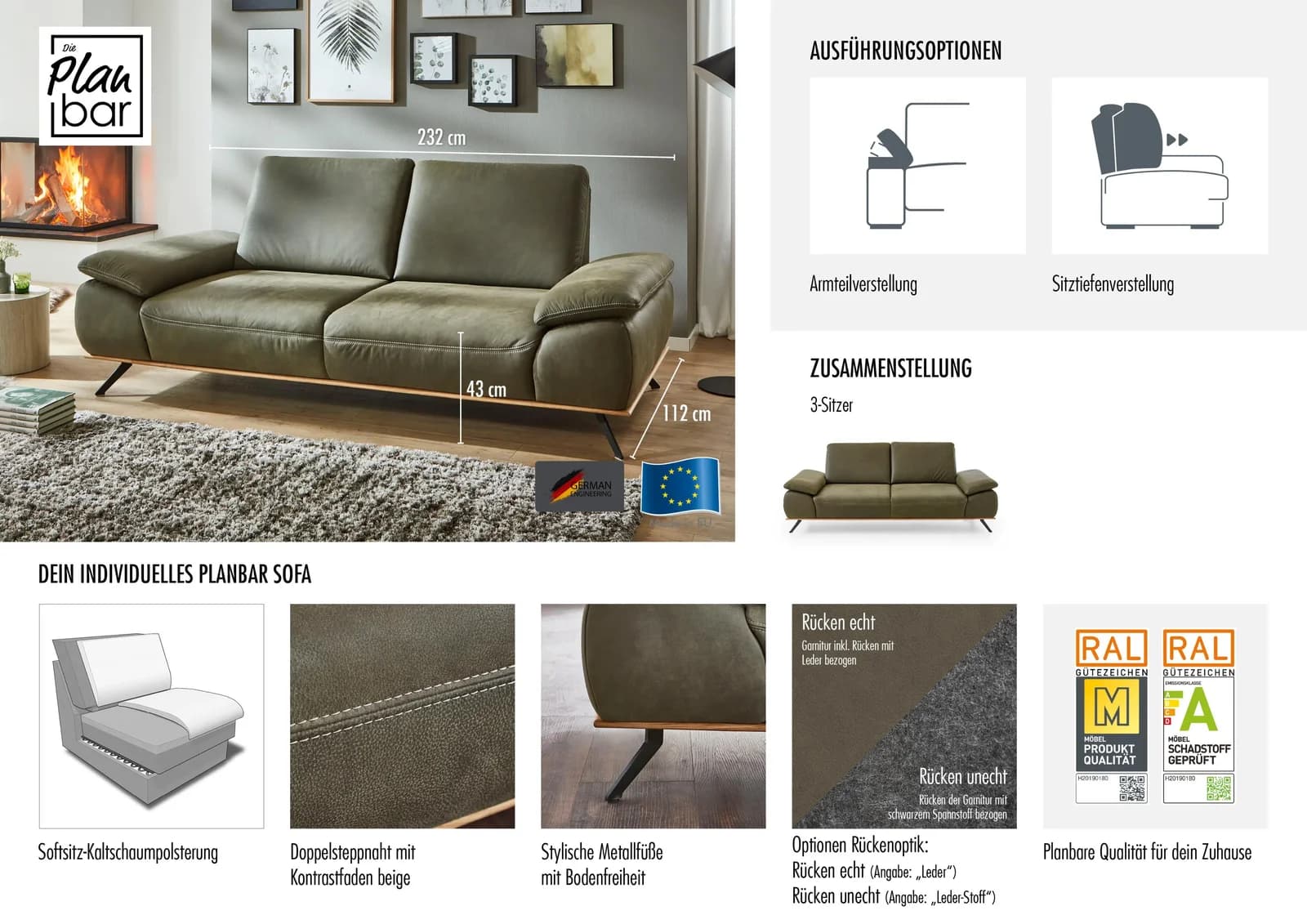 DIE PLANBAR 3-Sitzer Sofa Aurelia Olive Anilinleder Vintage