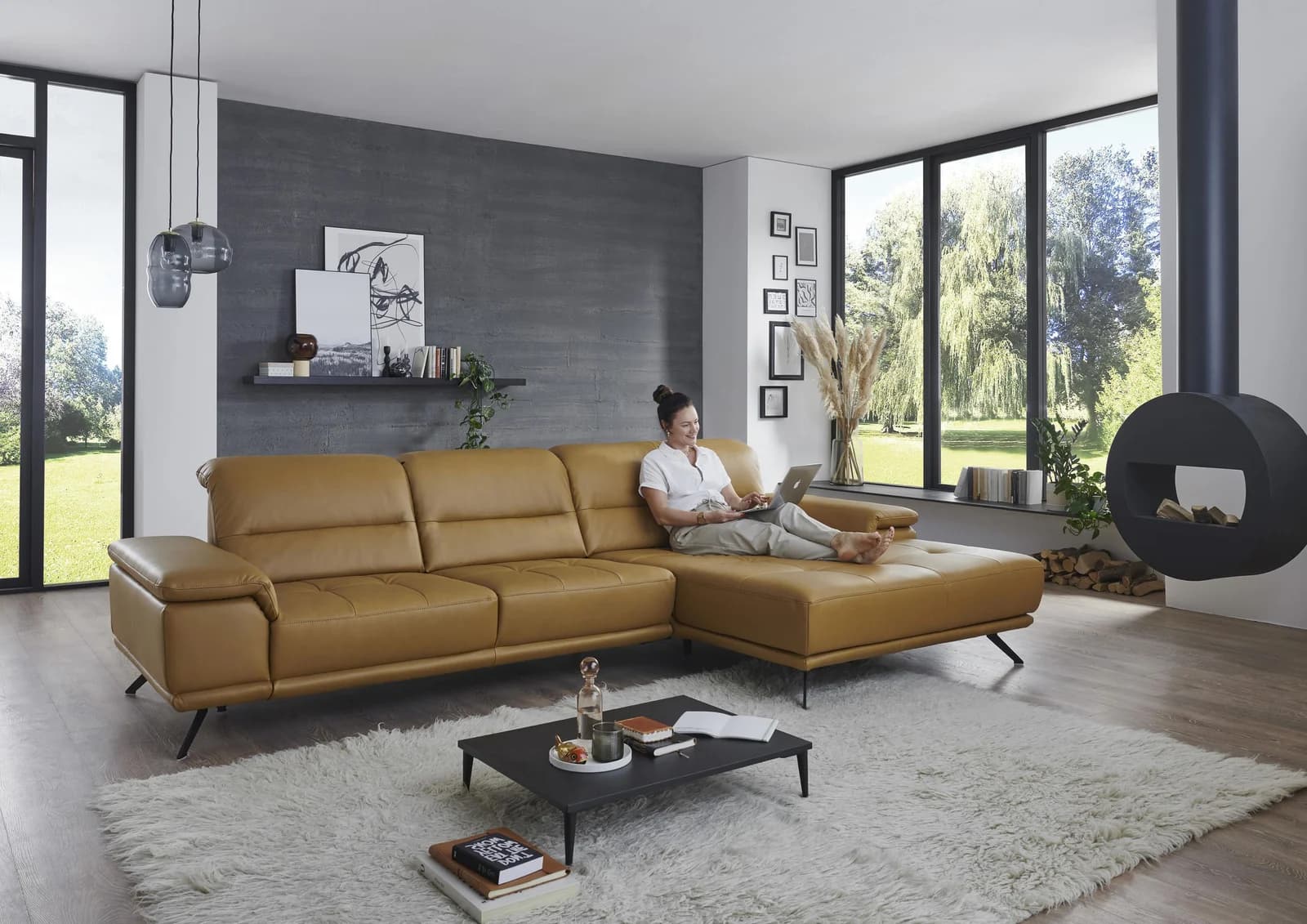 torro Ecksofa L-Form Kurkuma mit Sitztiefen- und Kopfteilverstellung