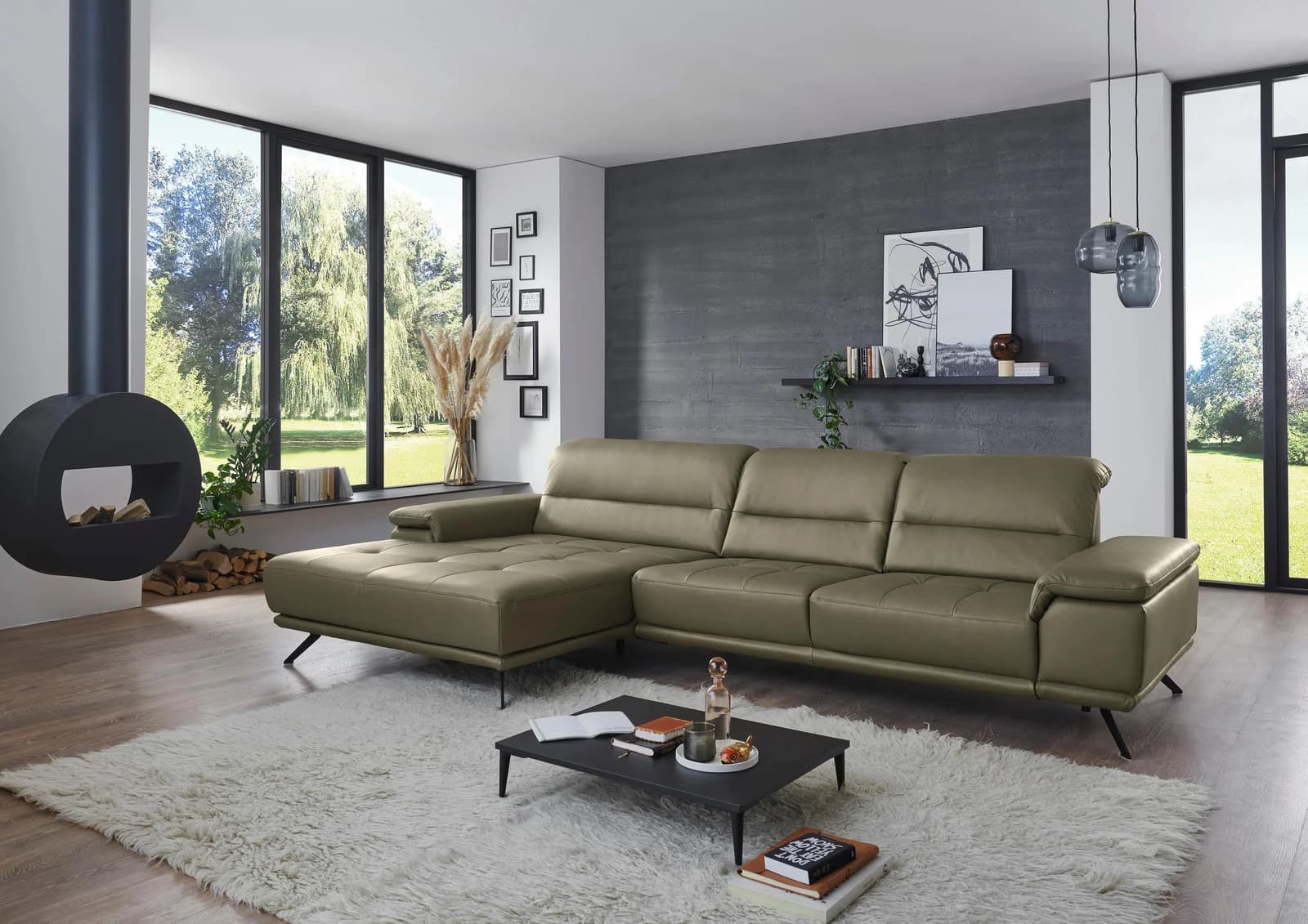 torro Ecksofa L-Form olive mit Kopfteil- & Sitztiefenverstellung
