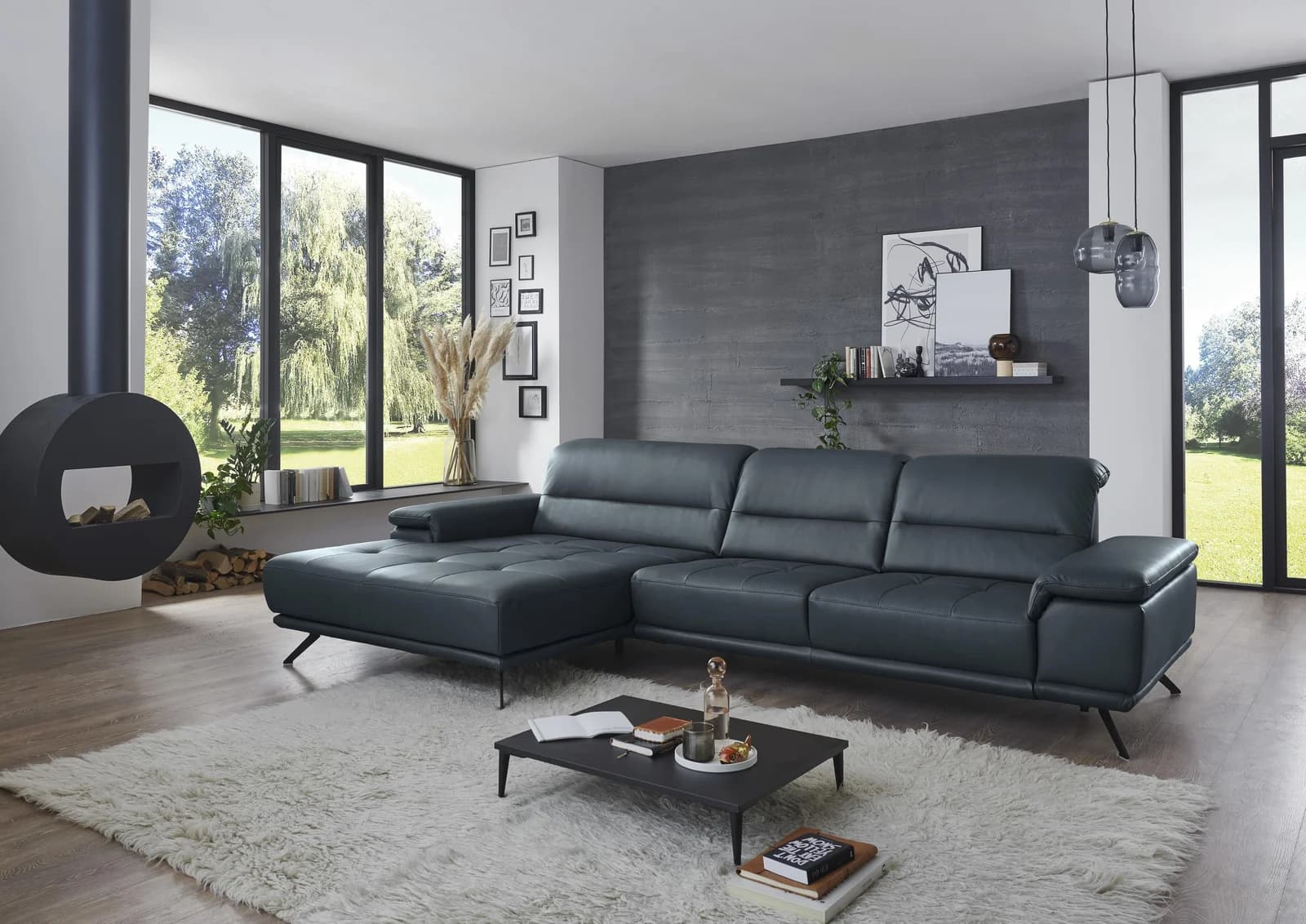 Ecksofa DIE PLANBAR PN-EM19074 L-Form Graphitblau Glattleder