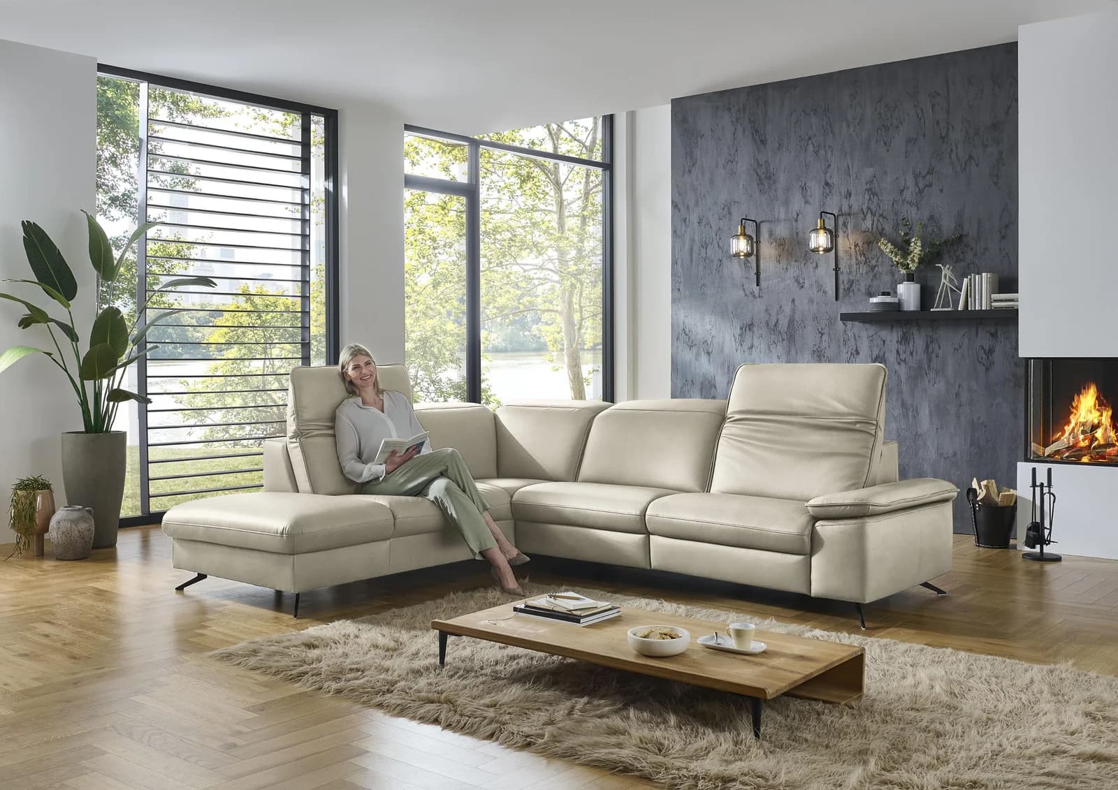 DIE PLANBAR Ecksofa L-Form 297cm Beige Leder Relaxfunktion