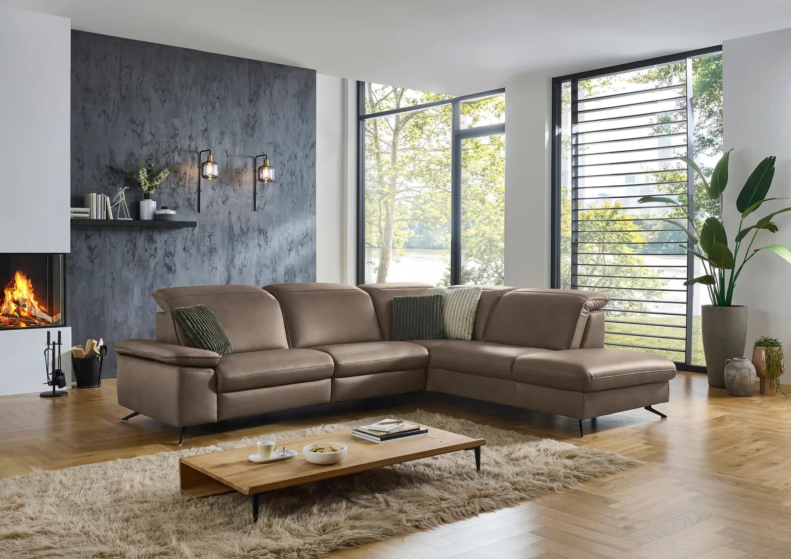 DIE PLANBAR Ecksofa PN-EM20091 L-Form 297cm braun Glattleder Relaxfunktion