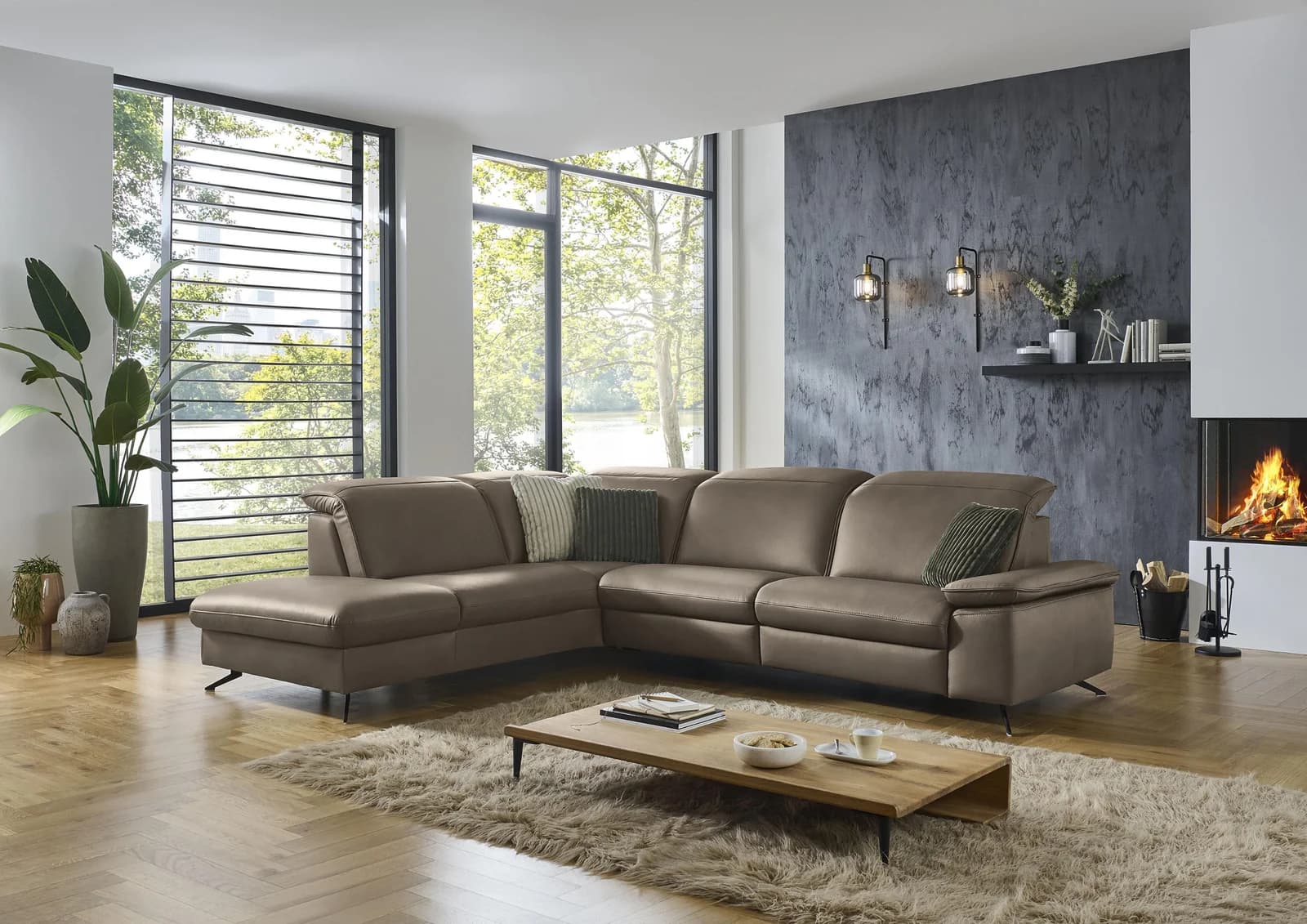 DIE PLANBAR Ecksofa PN-EM20091 L-Form 297cm Braun Leder Relaxfunktion
