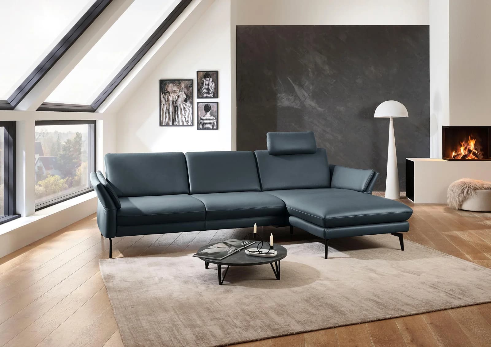 Ecksofa DIE PLANBAR PN-EM23050 L-Form Graphit-Blau mit Ottomane