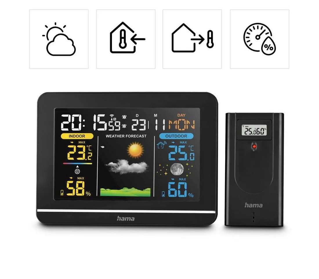 Hama Wetterstation mit Farbdisplay, Außensensor, Wetter, Alarm, Temperatur