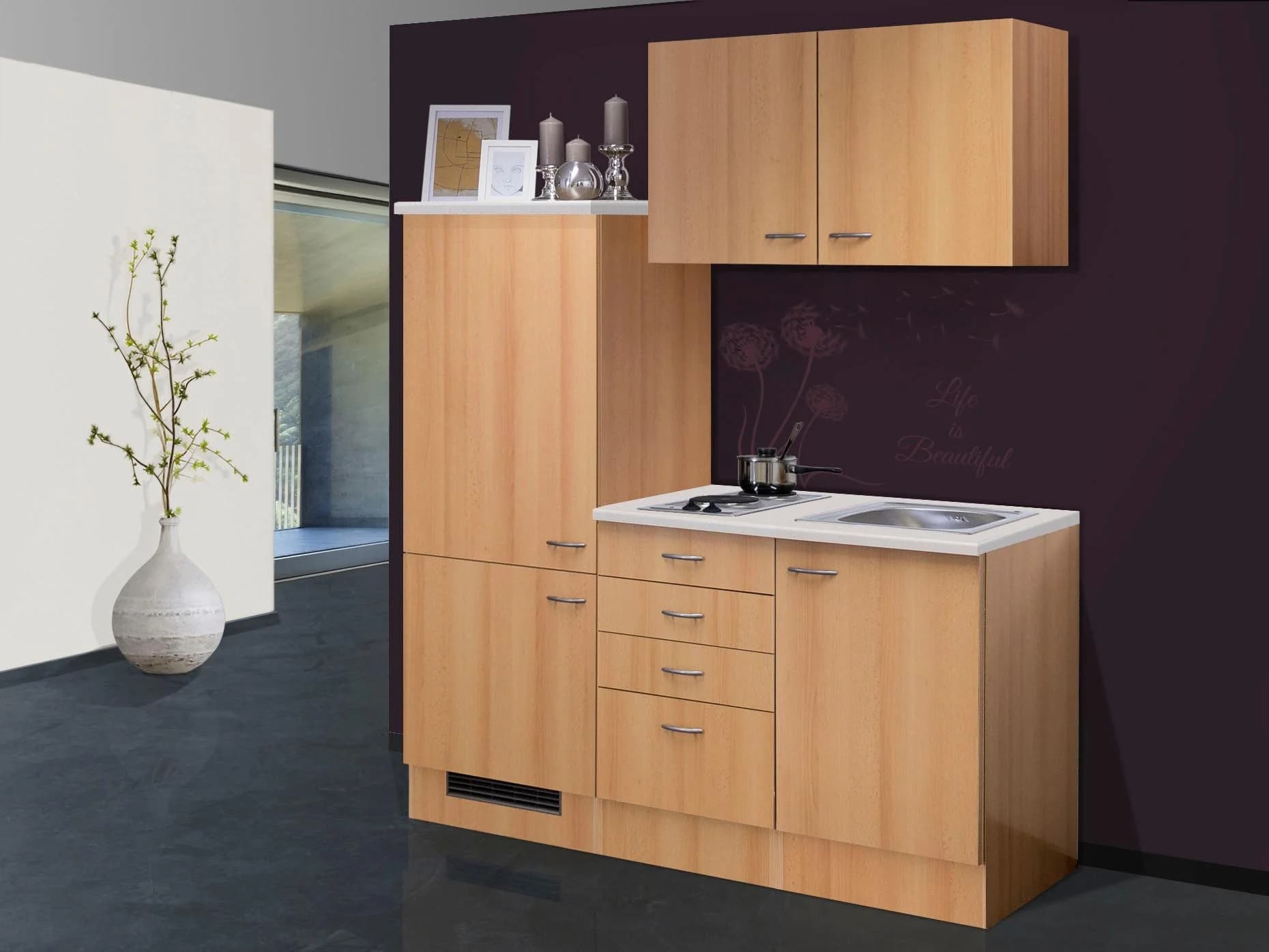 Küchenzeile FLEX-WELL Nano Braun Buche Nachbildung Rumba 160 cm