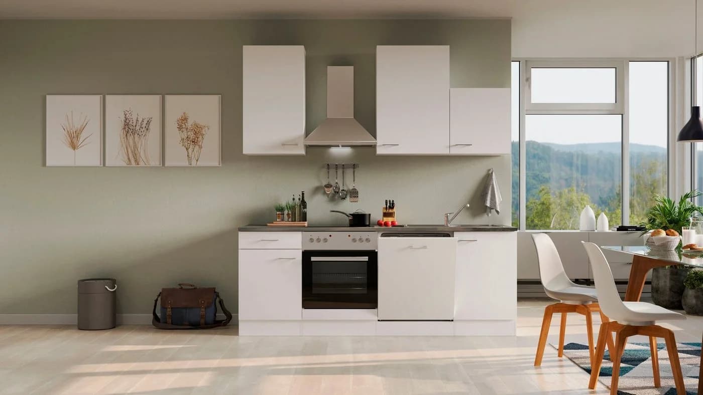 Küchenzeile FLEX-WELL "Lucca" Weiß mit Durchgehender Arbeitsplatte