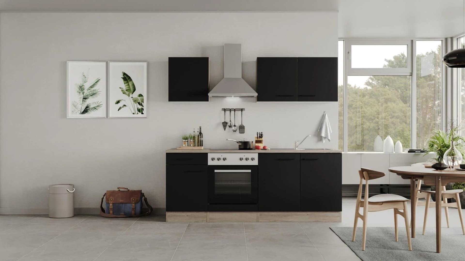 FLEX-WELL Küchenzeile Capri Schwarz mit Elektrogeräten