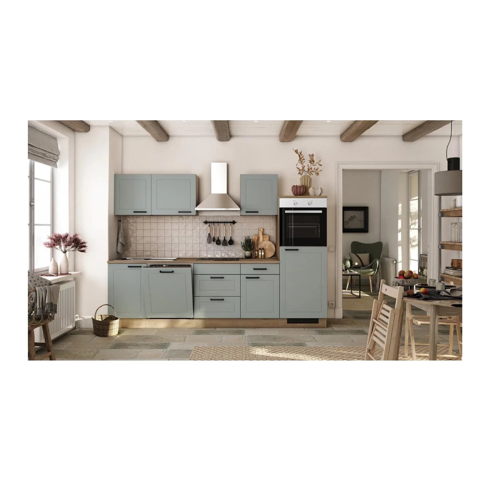 Flexwell Landhaus_Küchenzeile inkl. Elektrogeräte 280 cm Salbeigrün