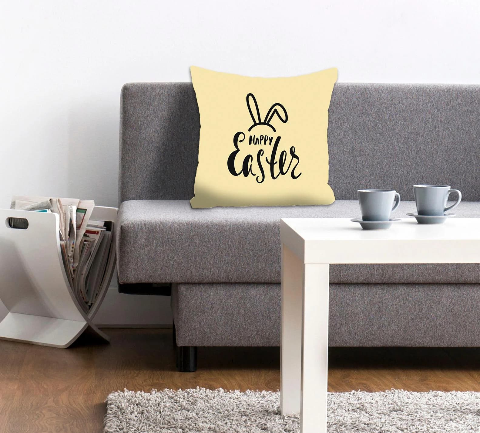 QUEENCE Dekokissen Happy Easter Frühlingsgelb Bedruckt Kissenhülle