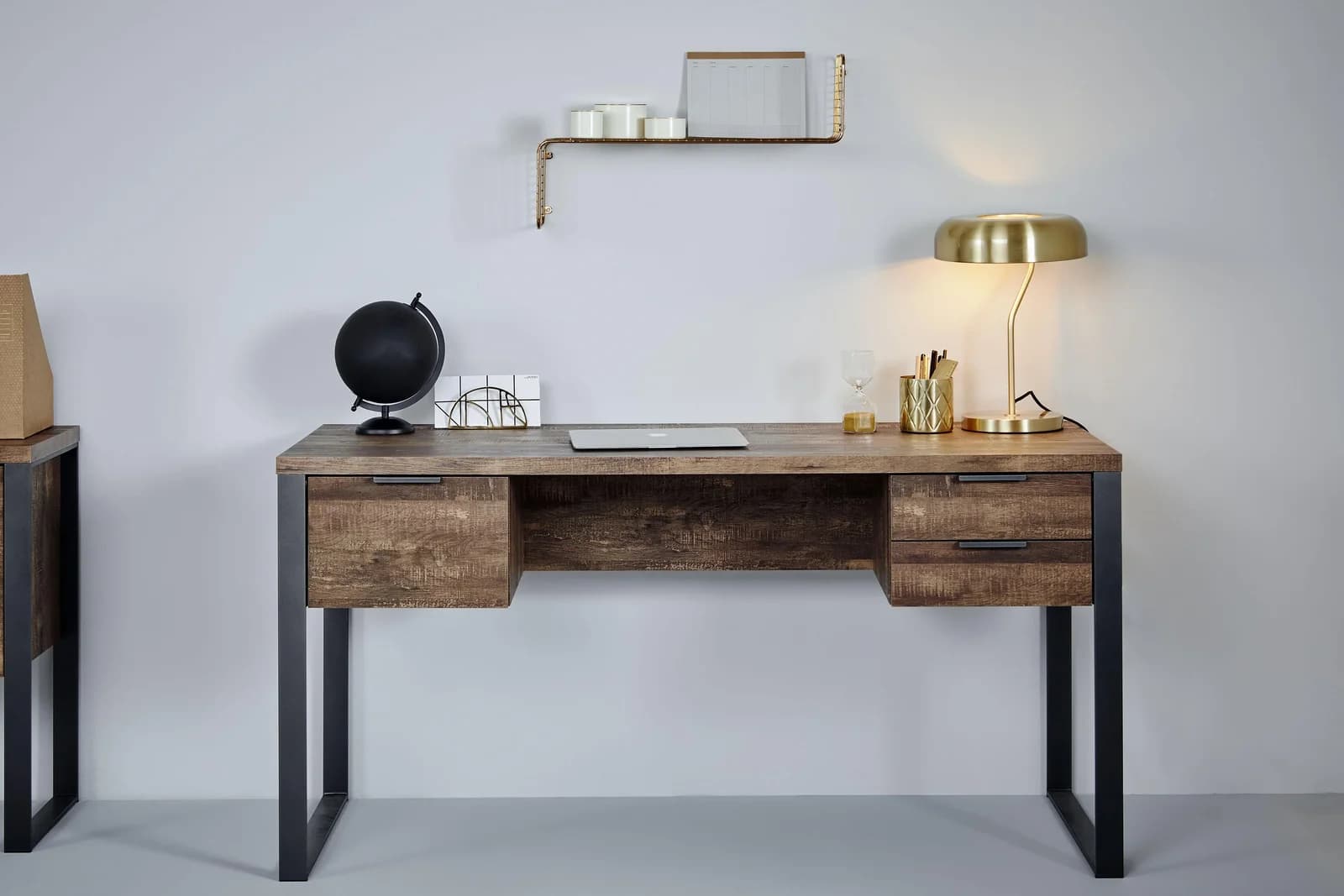 Schreibtisch JAHNKE LOOP Vintage Eiche Gunmetal mit 3 Schubladen