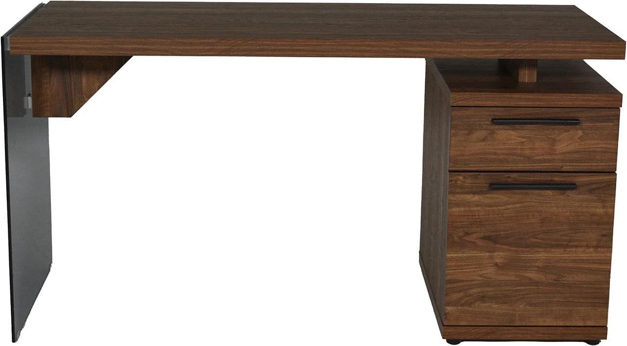 JAHNKE Schreibtisch LUX C 140 Walnuss/Grauglas mit Stauraum