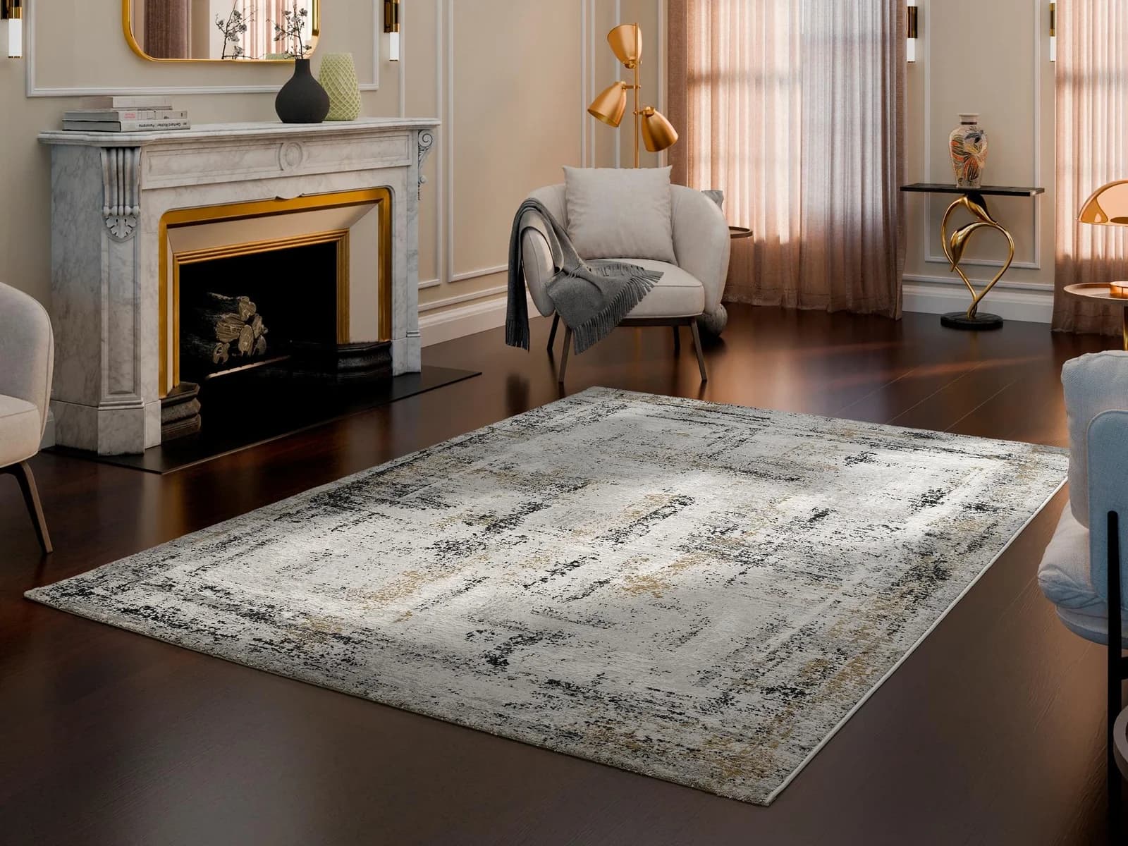 OCI Teppich Manchester Delmont Creme Anthrazit Gold Kurzflor