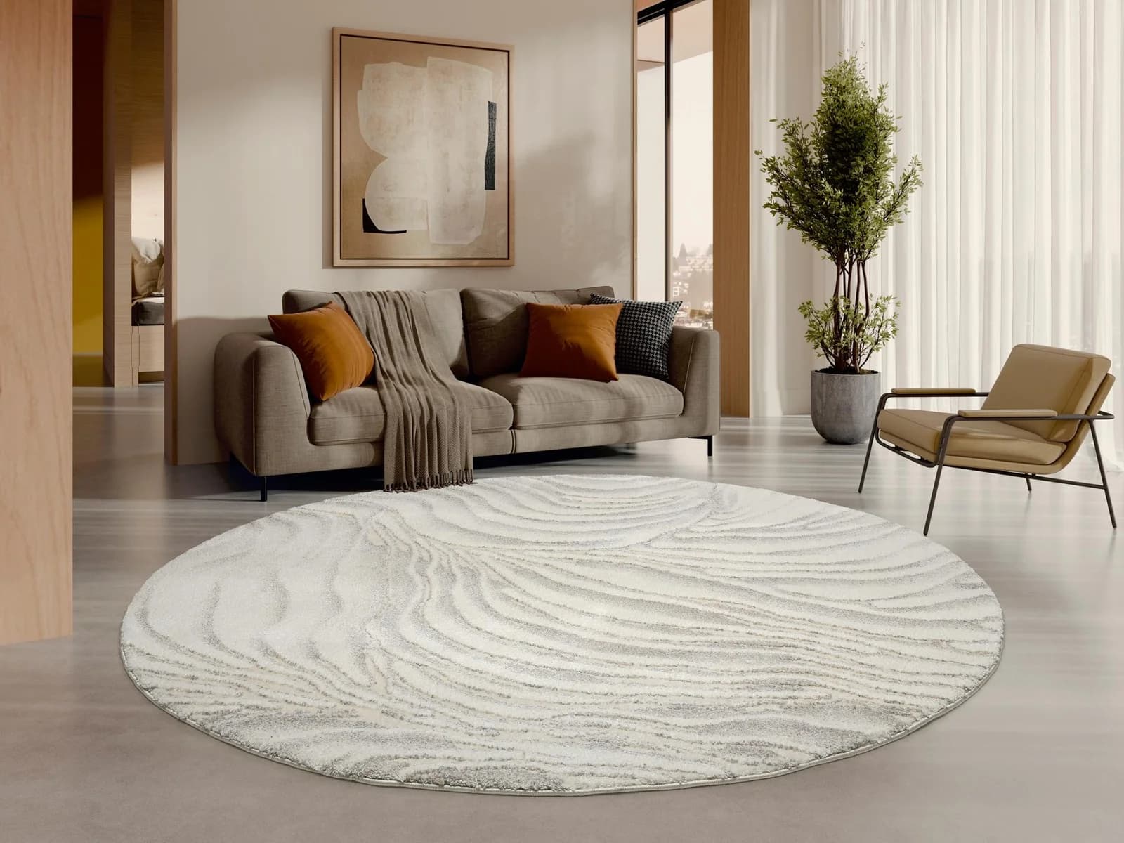 OCI Teppich Rund Hellcreme Grau Beige 120cm