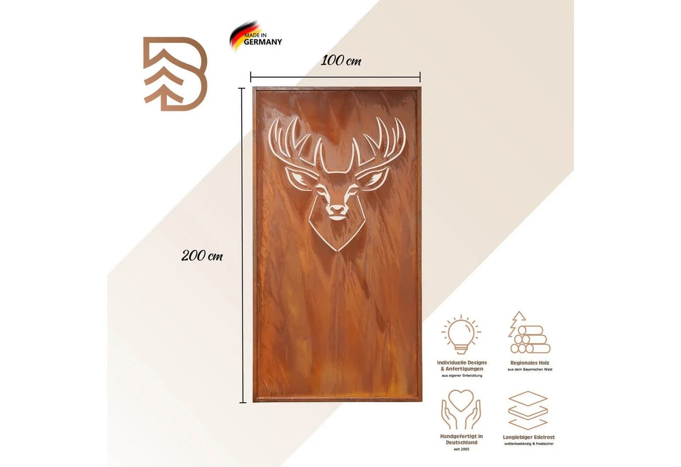 BADEKO Sichtschutzelement Paravent Hirsch Cortenstahloptik Metall