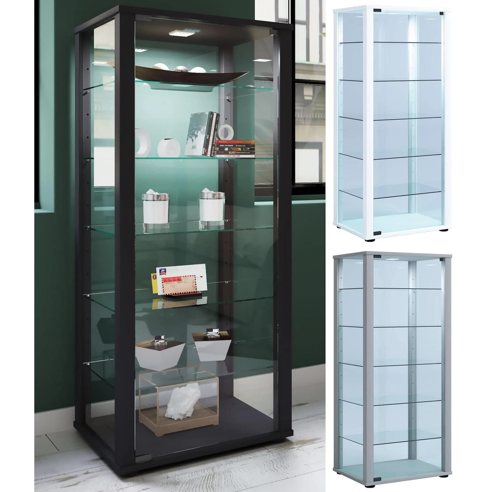 VCM Glasvitrine stehend Kavisa L mit ESG-Sicherheitsglas und Holzstruktur