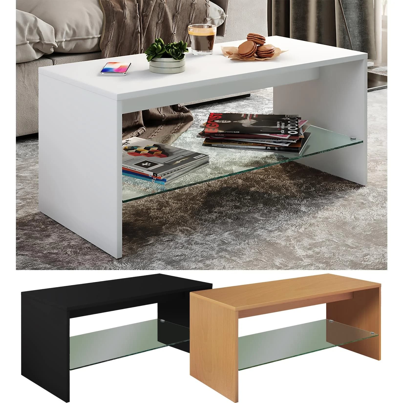 VCM Couchtisch Wisal Weiß mit Glasfachboden