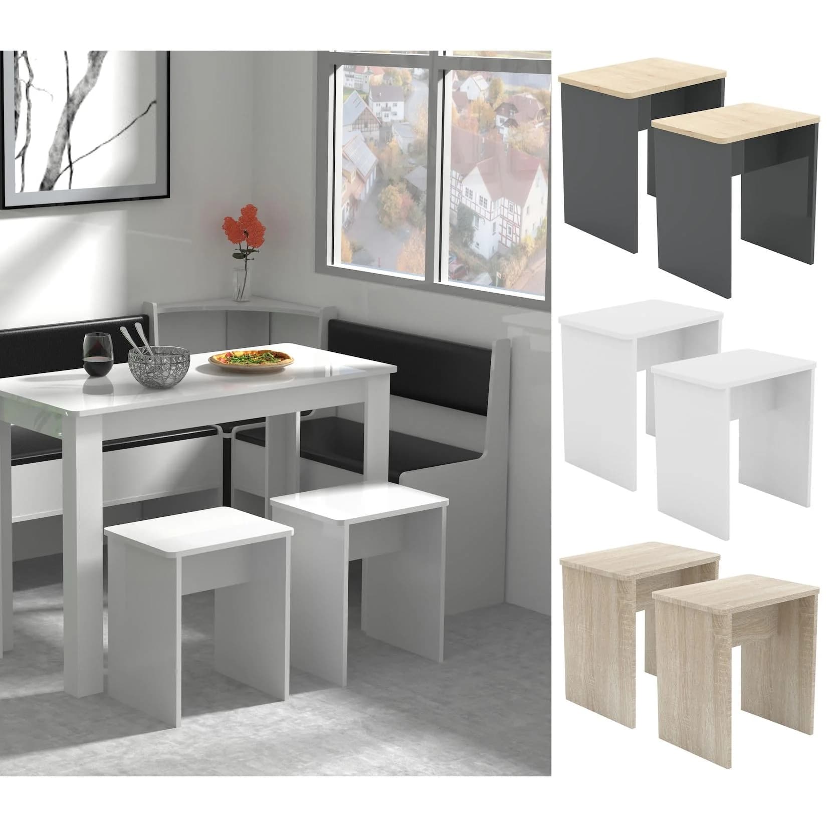 VCM Essgruppe 2er Set Sitzhocker Esal Weiß Holz