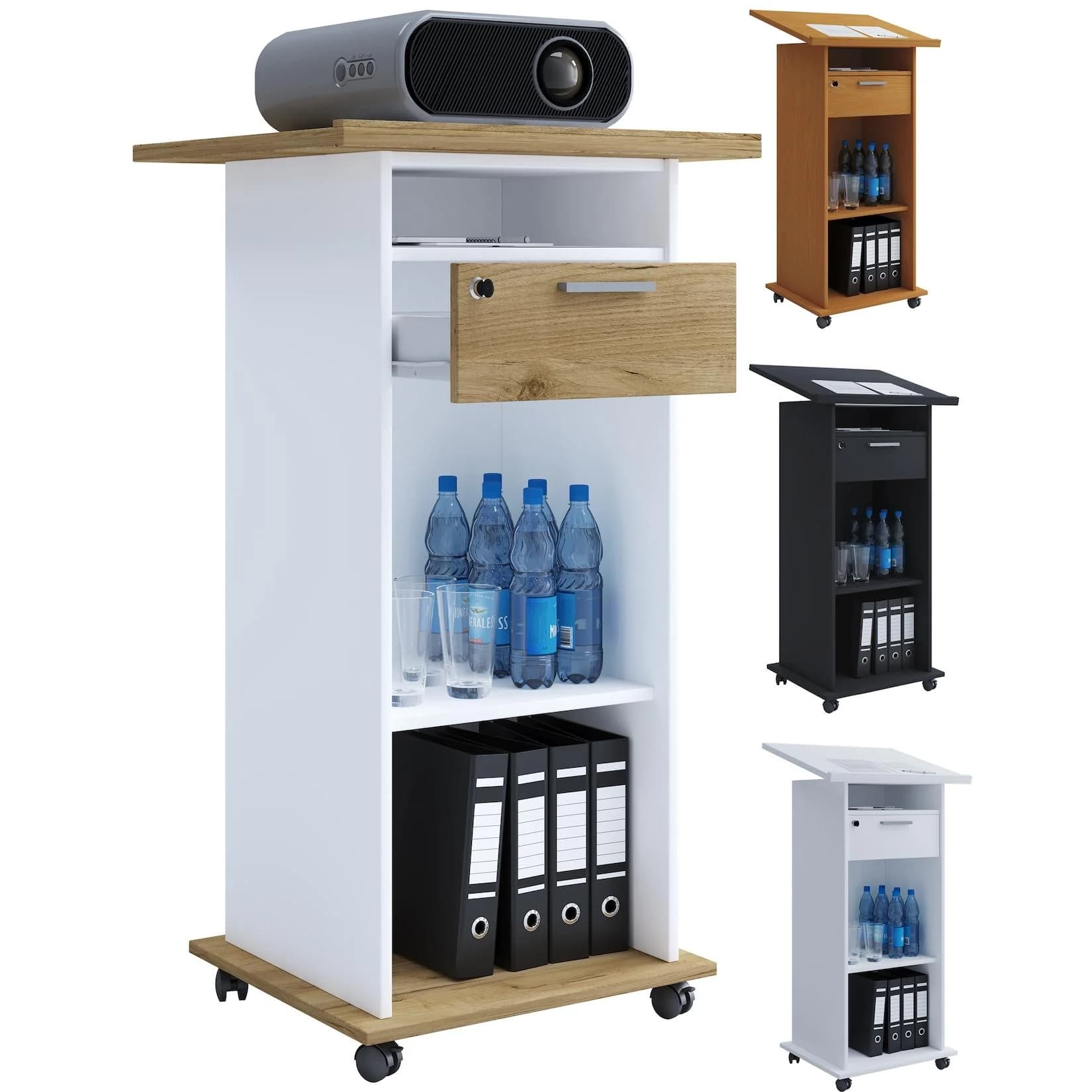 VCM Beamer-Stand Neta mit Rollen und Schublade Weiß/Honig-Eiche