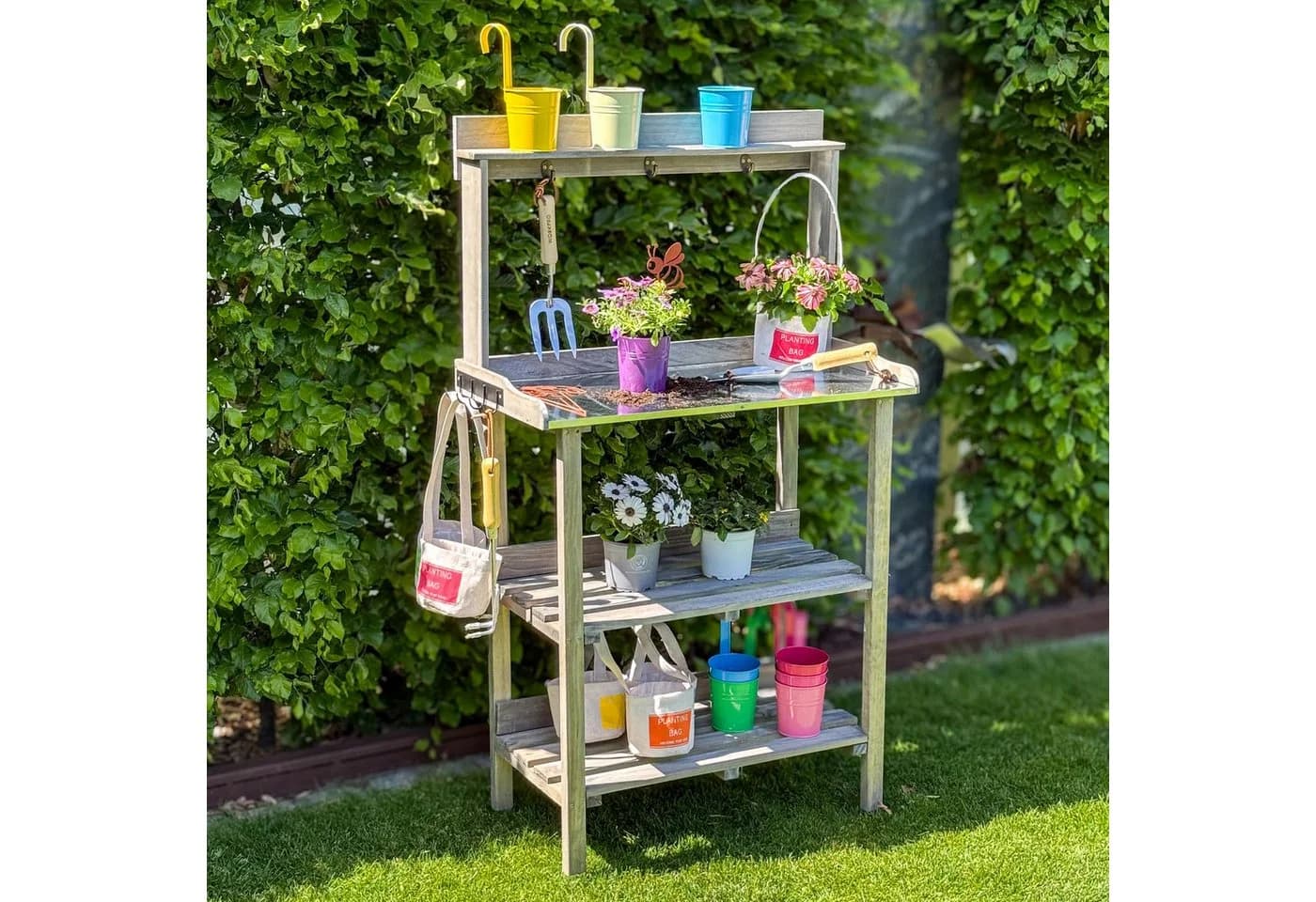 UNUS GARDEN Pflanztisch Outdoor Grau Massivholz mit Zinkplatte