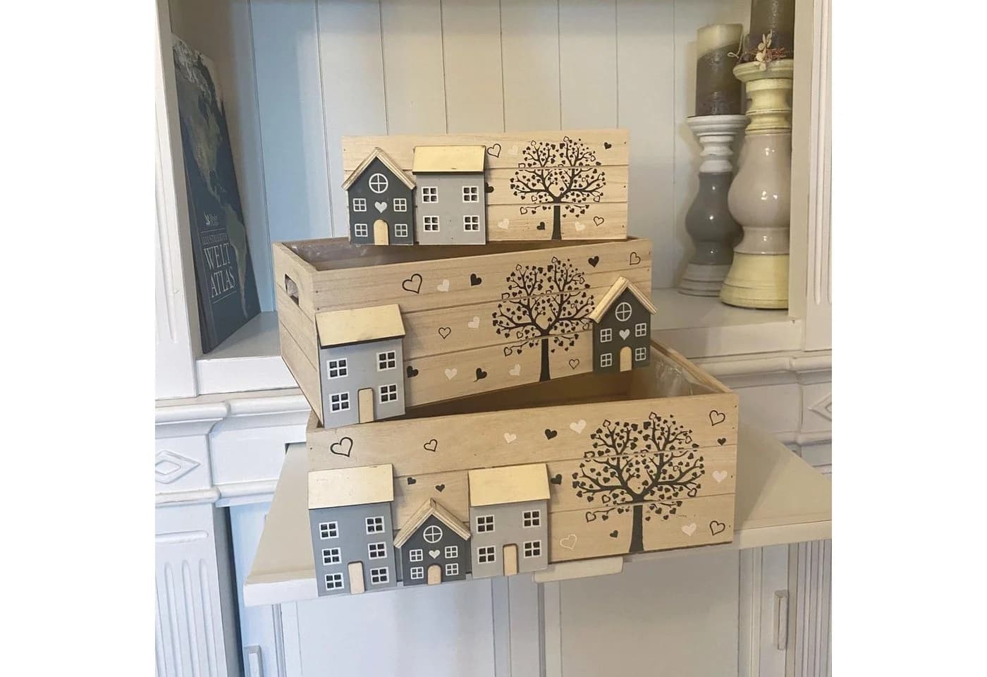 UNUS HOME Dekokiste 3er Set Weiß Holz mit Motiv