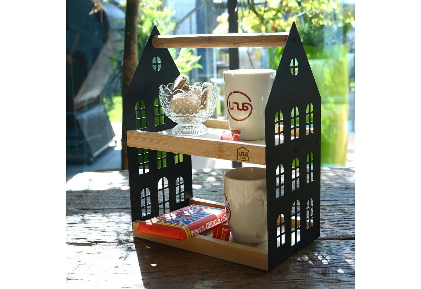 UNUS HOME Etagere Haus-Etagere 2 Etagen Schwarz Bambus Metall