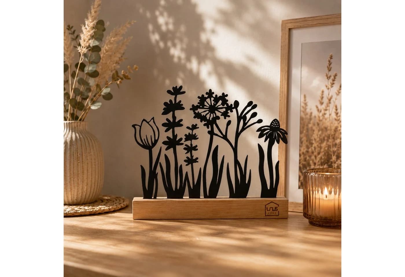 UNUS HOME Dekofigur Blumenwiese Silhouette Schwarz Metall Bambus