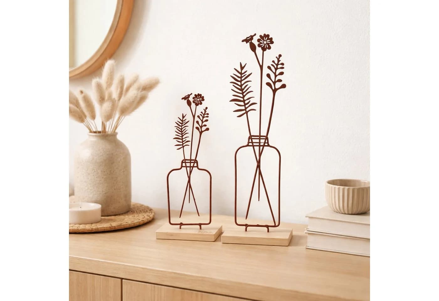 UNUS HOME Dekofigur Aufsteller Blumenvase 2er Set Metall Bambus Rost/Schwarz