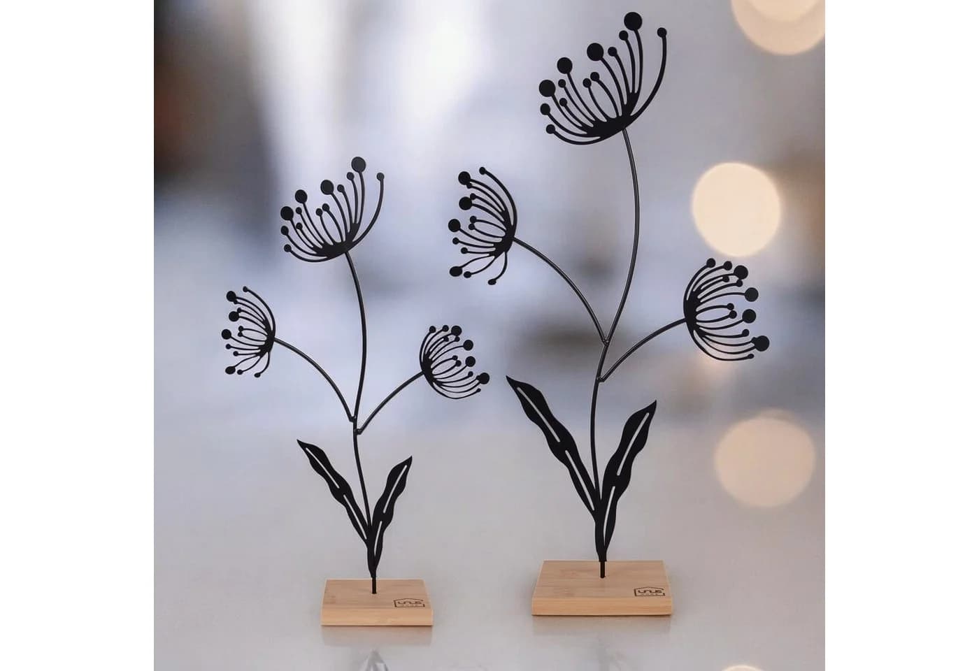 UNUS HOME Dekofigur Blumen-Silhouette 2er Set Schwarz Metall Bambus