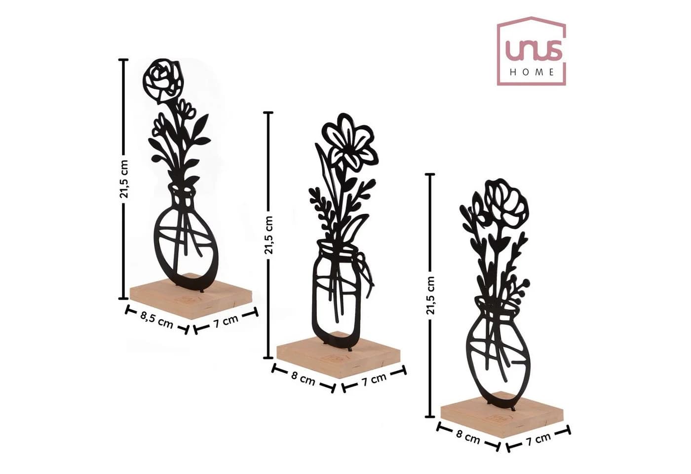 UNUS HOME Deko-Aufsteller 3er Set „Vase mit Blumen“ Schwarz Metall Bambus