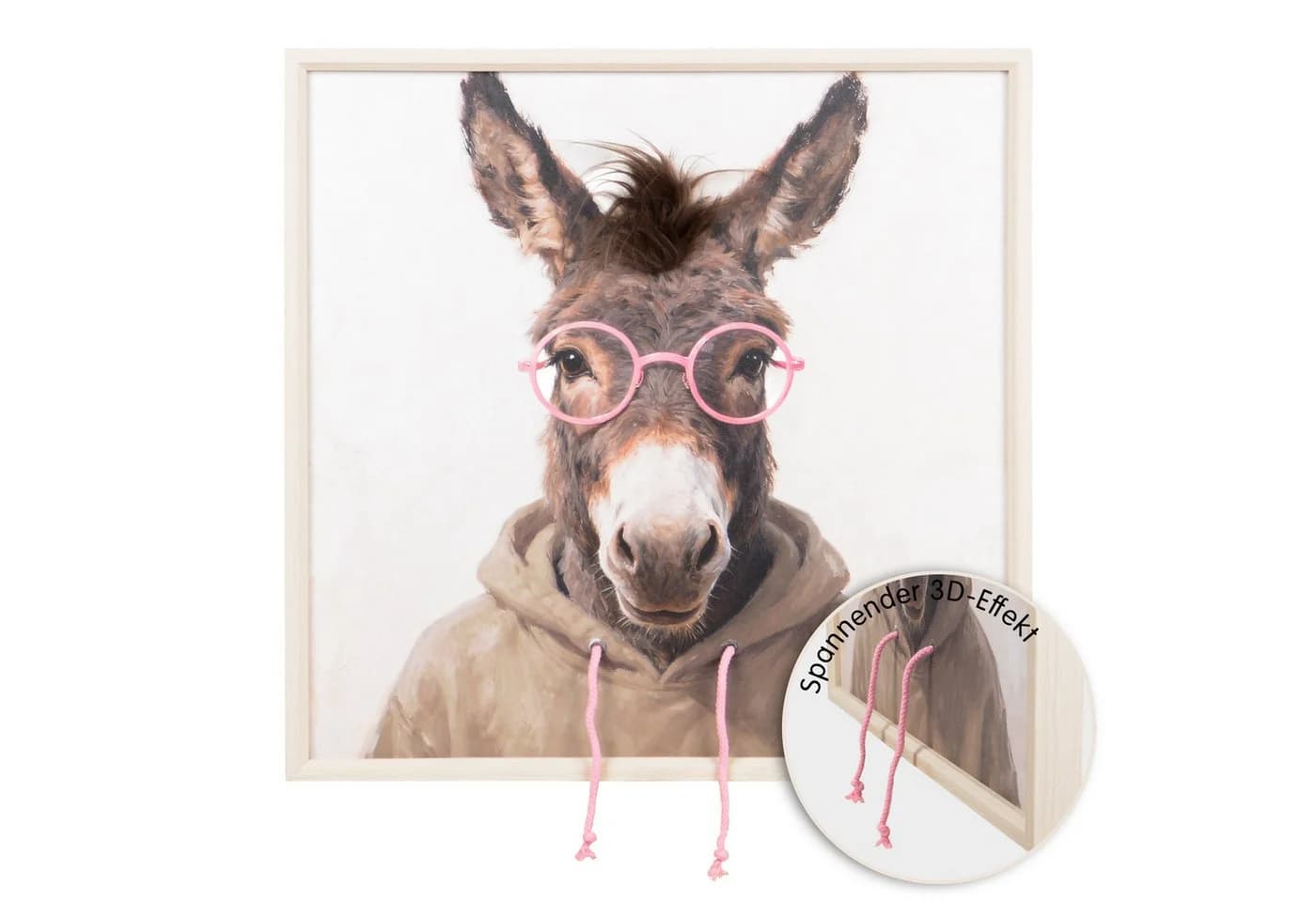 UNUS HOME Wandbild Esel mit Hoodie und Brille Rosa 3D Effekt