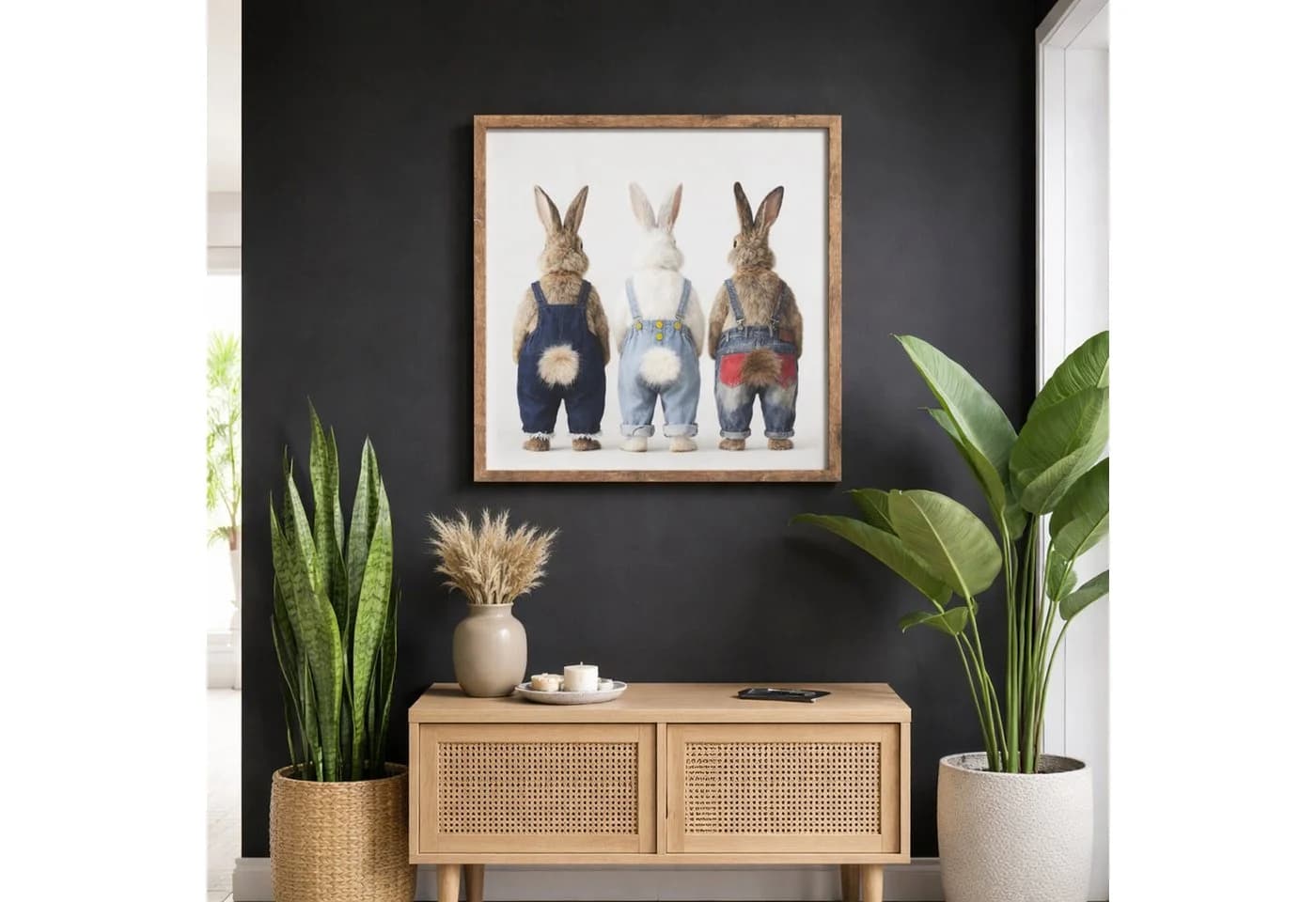 UNUS HOME Wandbild Hasen mit Latzhose 60x60cm 3D Effekt Wollschwänzchen