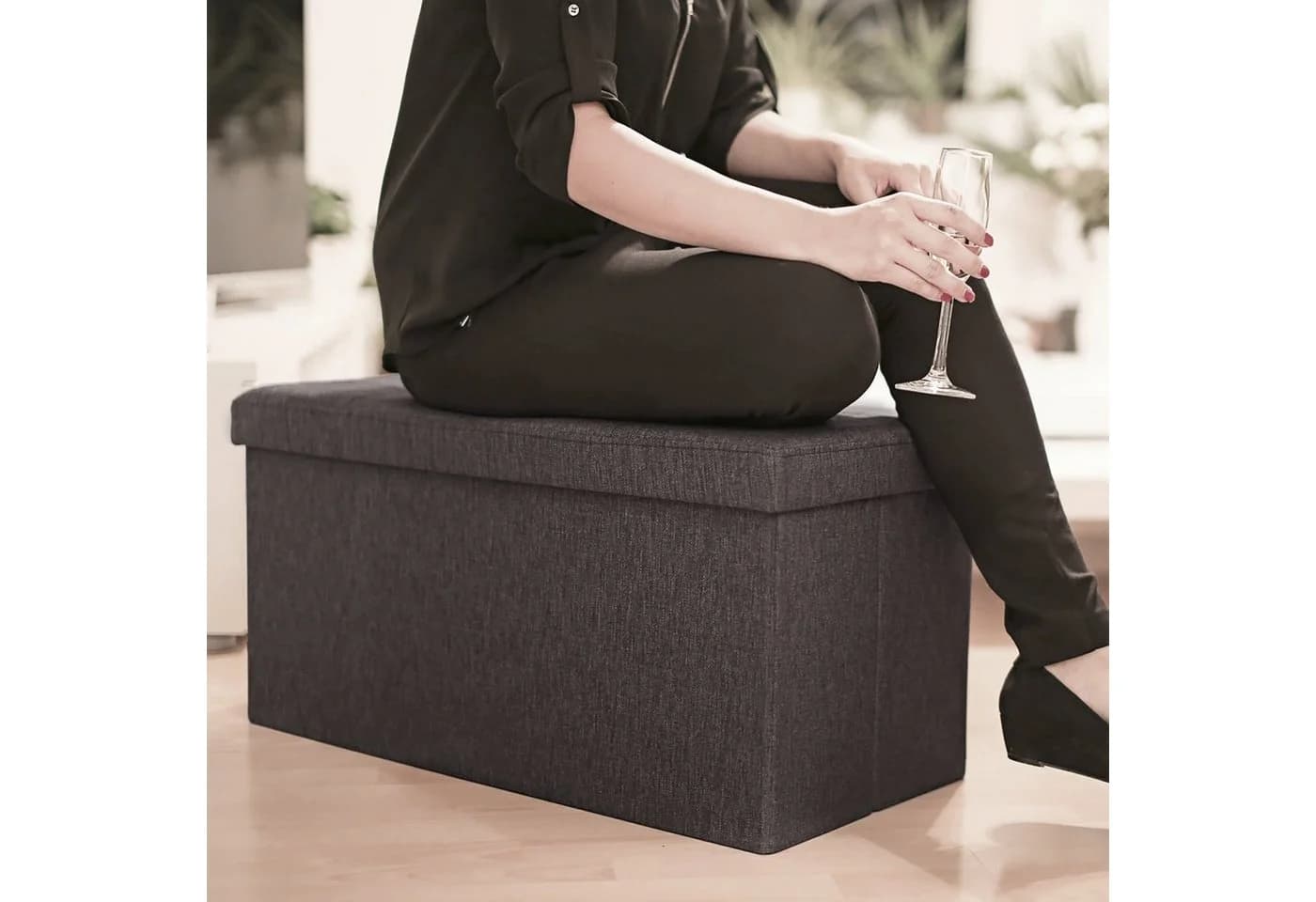 relaxdays Faltbare Sitzbank Leinen Braun mit Stauraum