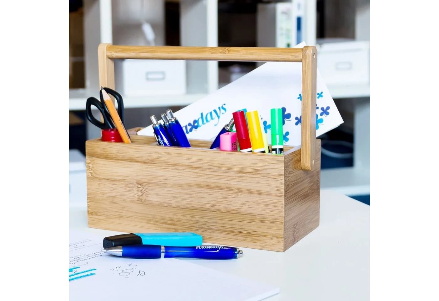 relaxdays Schreibtisch Organizer Bambus 4 Fächer mit Henkel