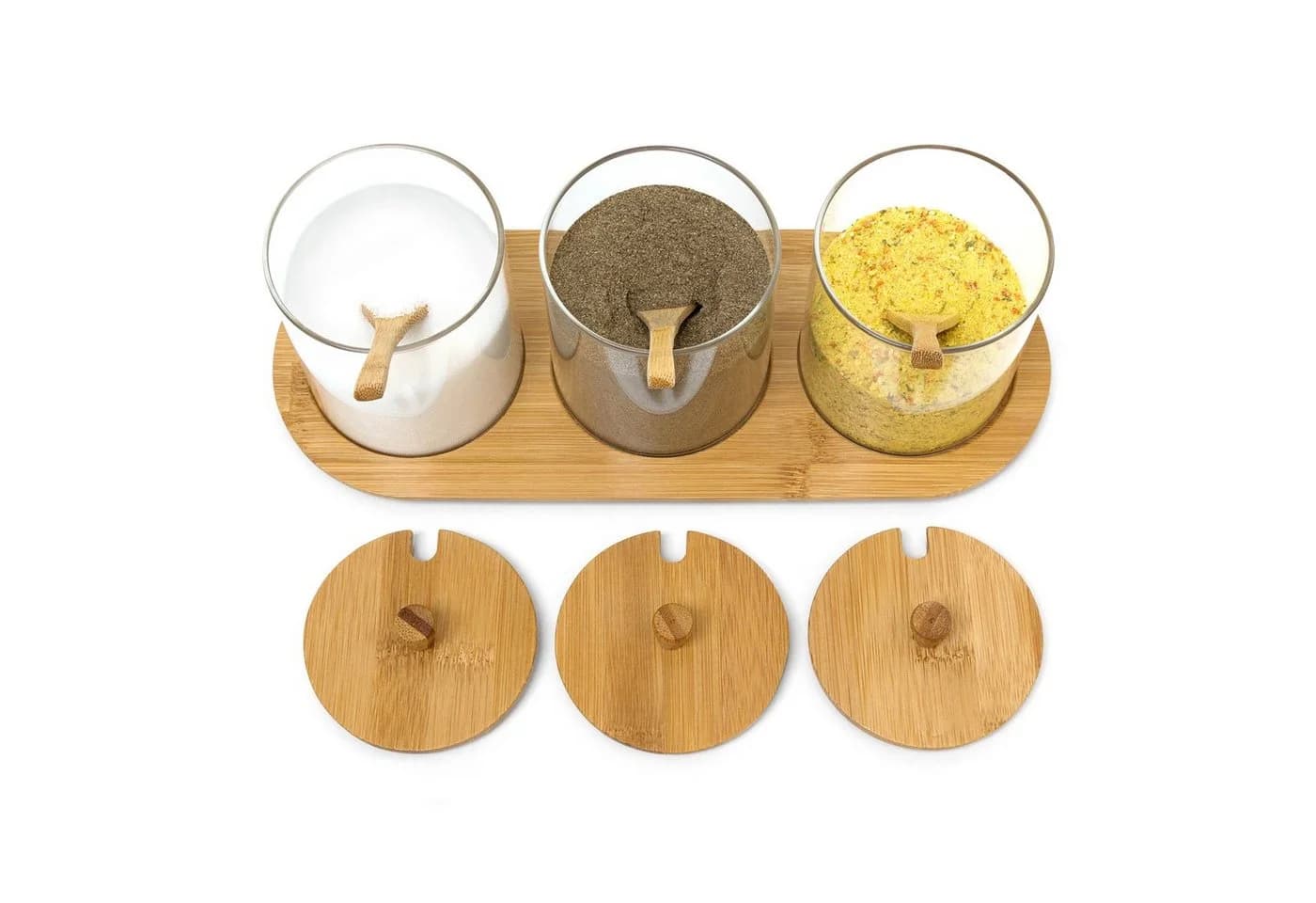 relaxdays Gewürzständer JIAO mit 3 Gläsern Bambus Glas