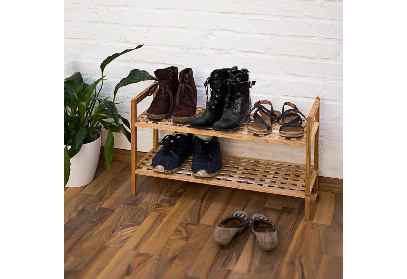 relaxdays Schuhregal Walnuss stapelbar Landhaus
