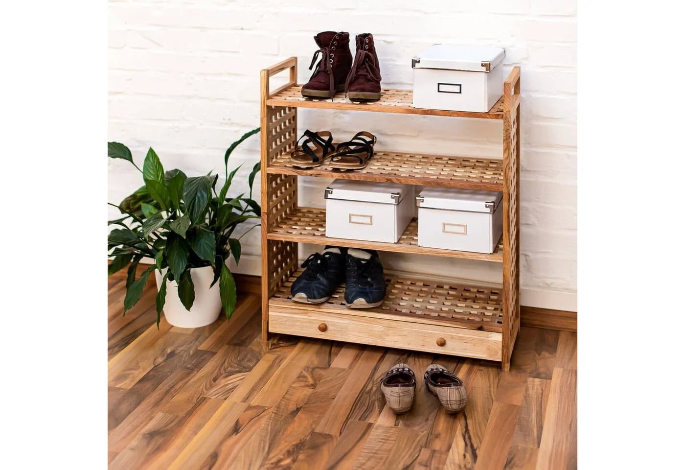 relaxdays Schuhregal Walnuss mit Schublade Landhaus Stil