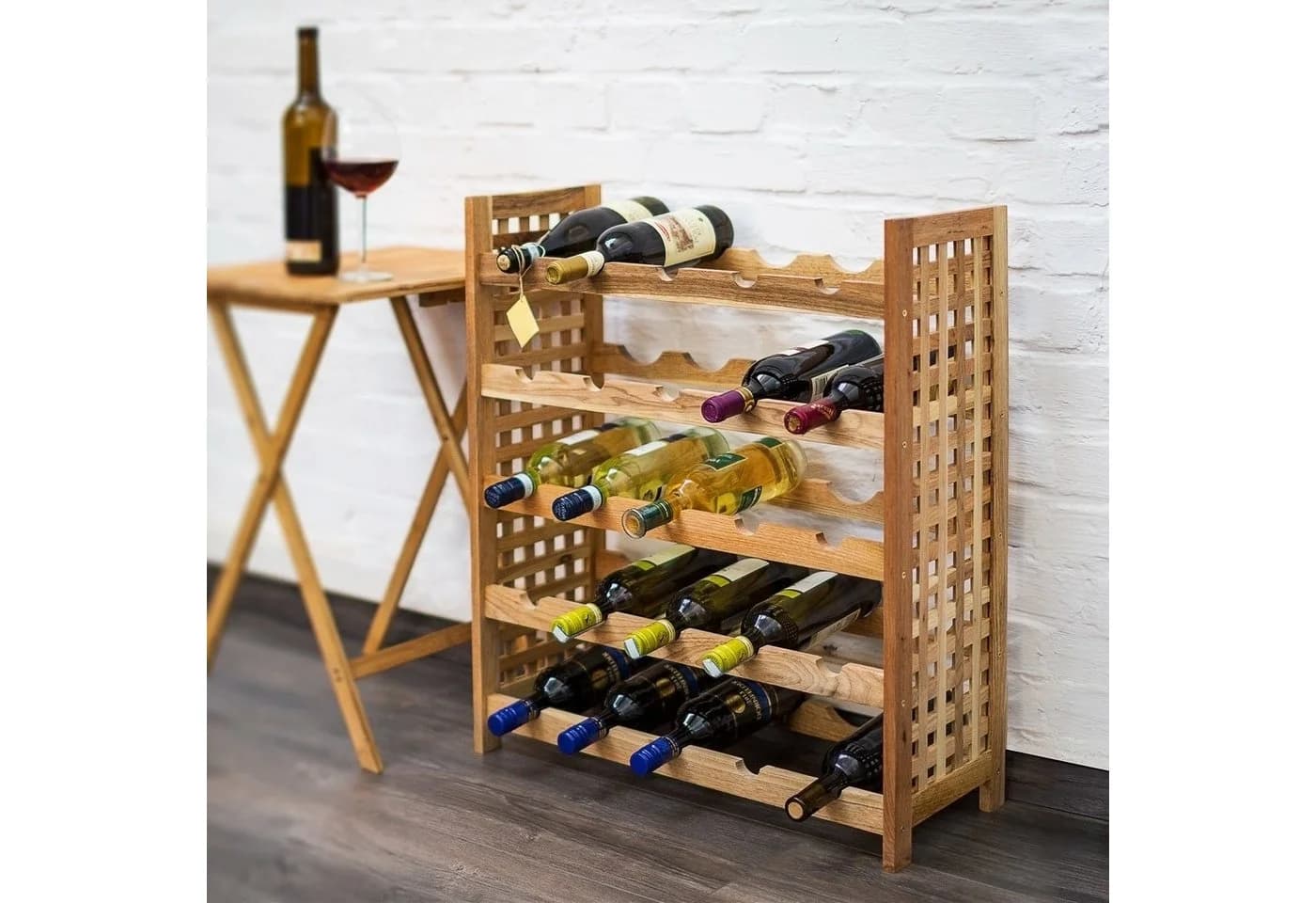 relaxdays Weinregal Walnuss für 25 Flasche Rustikales Holzregal