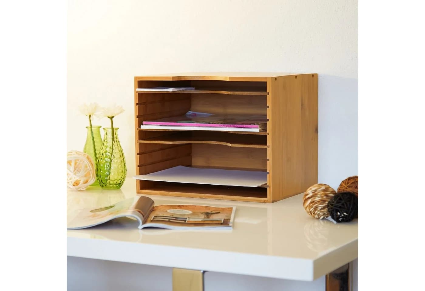 relaxdays Briefablage Bambus 5 Fächer Braun