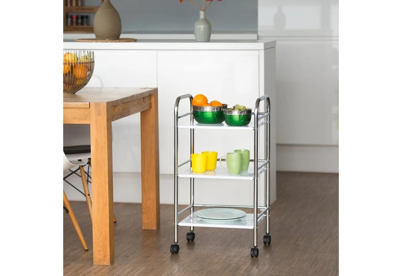 relaxdays Servierwagen Metall 3 Ablage Weiß Silber