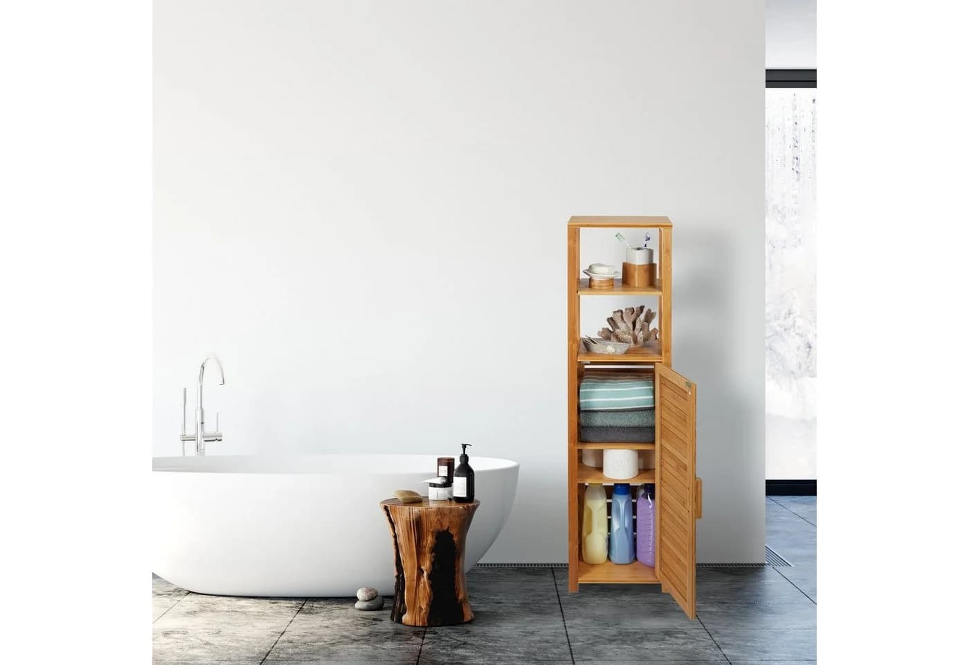 relaxdays Badregal Bambus 6 Ablage Naturholz