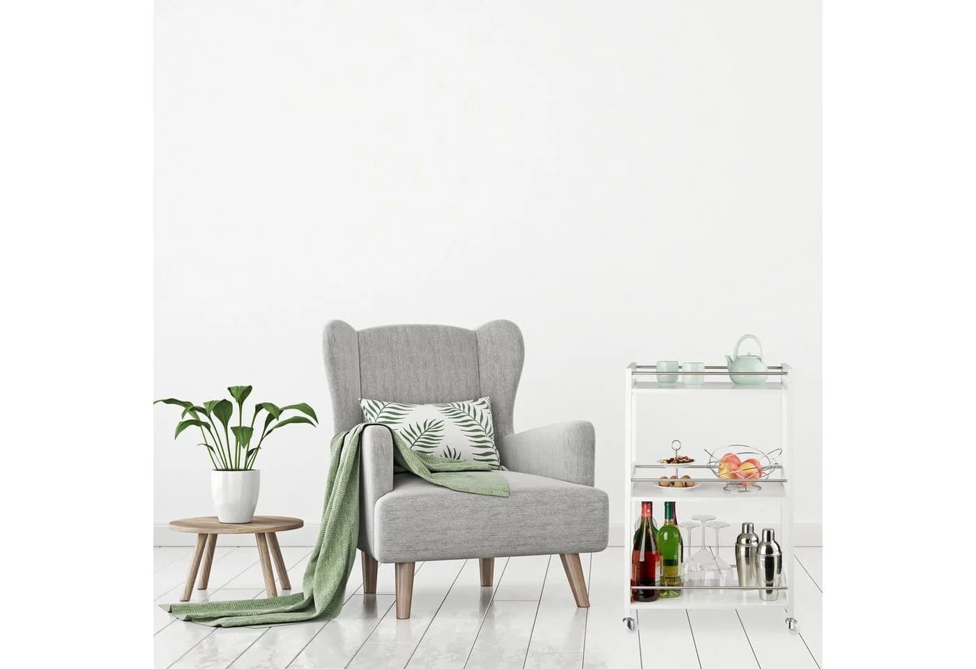 relaxdays Servierwagen 3 Ablagen Weiß Bambus