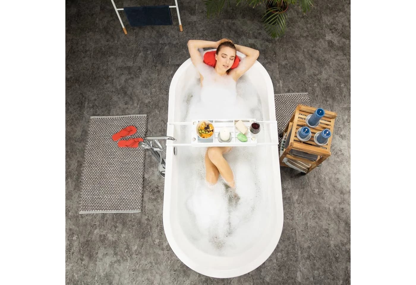 relaxdays Badewannenablage Weiß ausziehbar Bambus