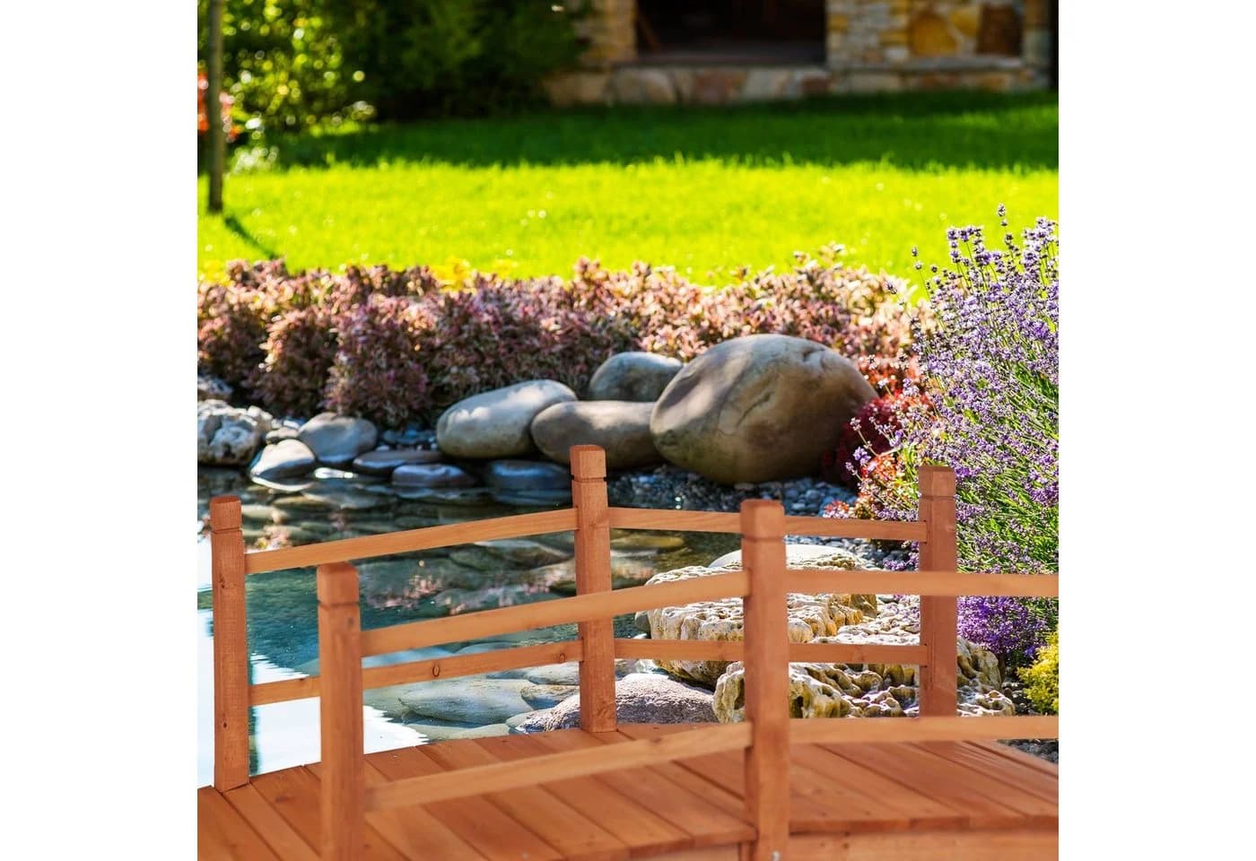 relaxdays Zierbrücke Holz Teichbrücke mit Geländer Orange