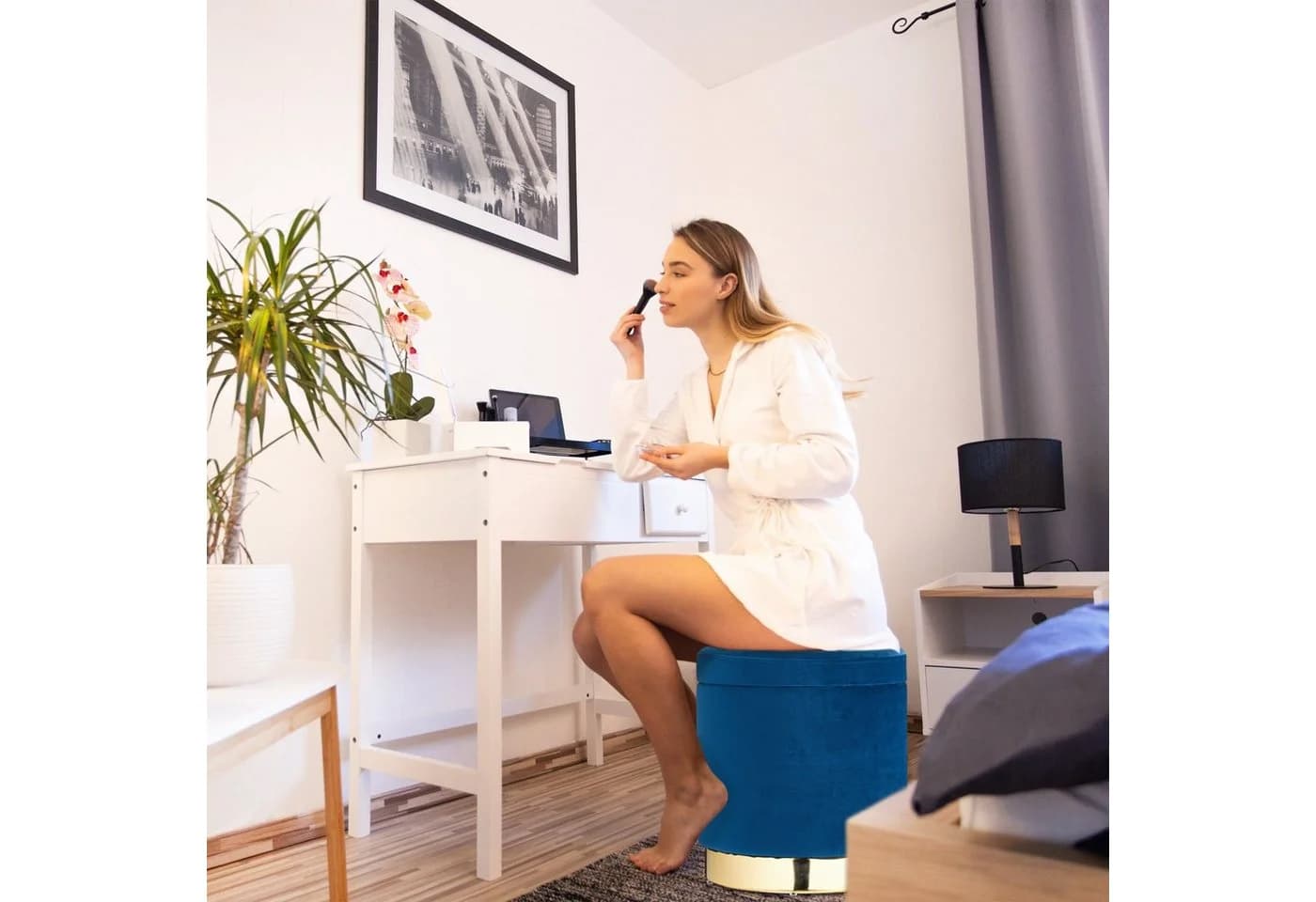 relaxdays Sitzhocker Samthocker mit Stauraum Blau