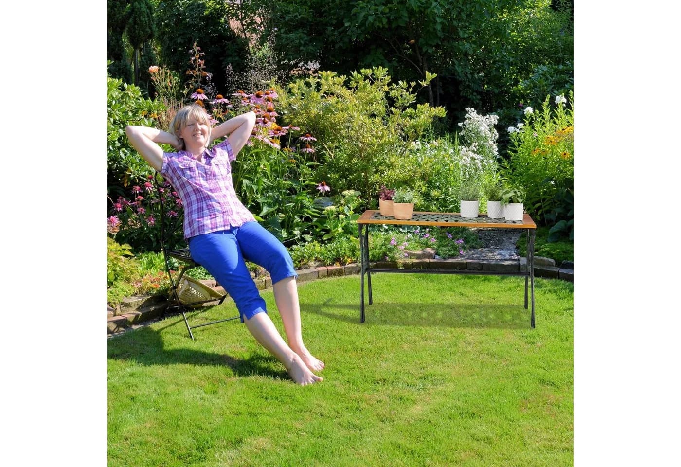 relaxdays Gartentisch rechteckig Shabby-Chic Rautenmuster Gusseisen Holz