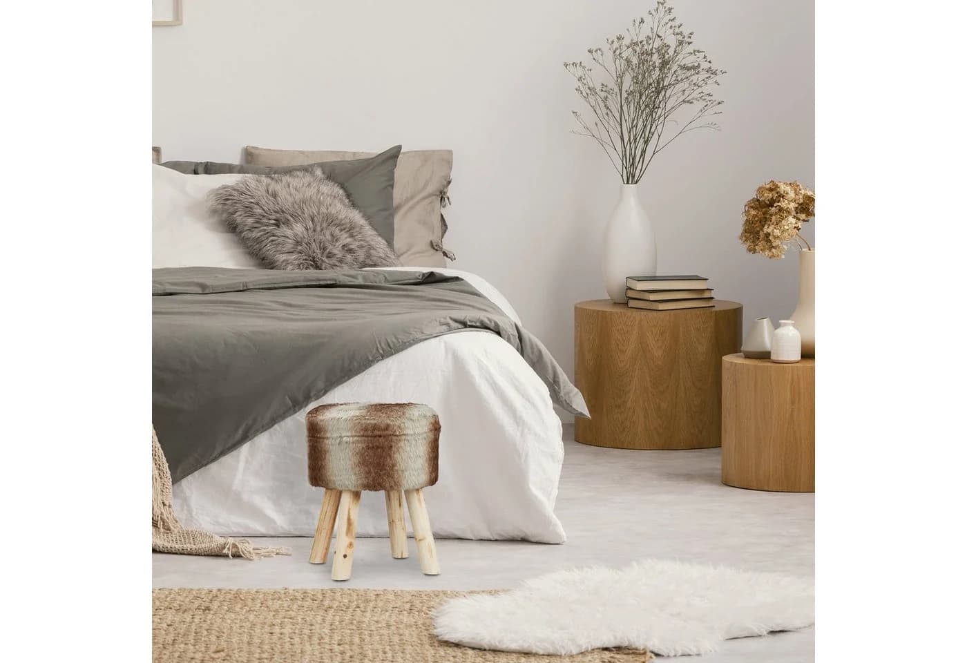 relaxdays Fellhocker rund Brau Grau Kunstfell Sitzhocker