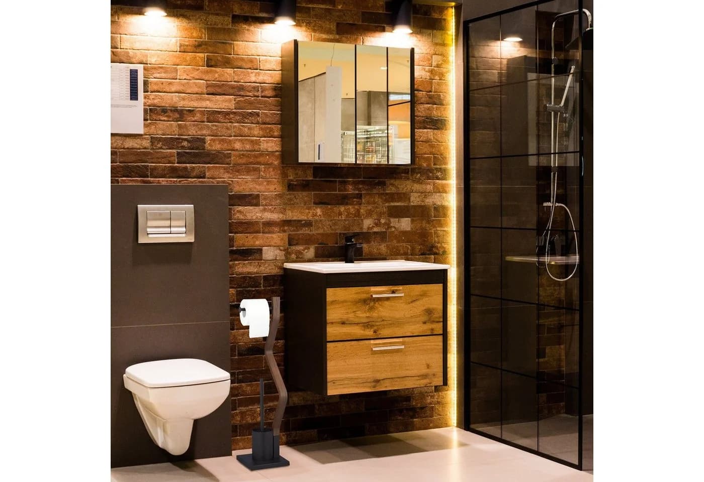 relaxdays WC Garnitur Schwarz Standmodell mit Holz-Optik